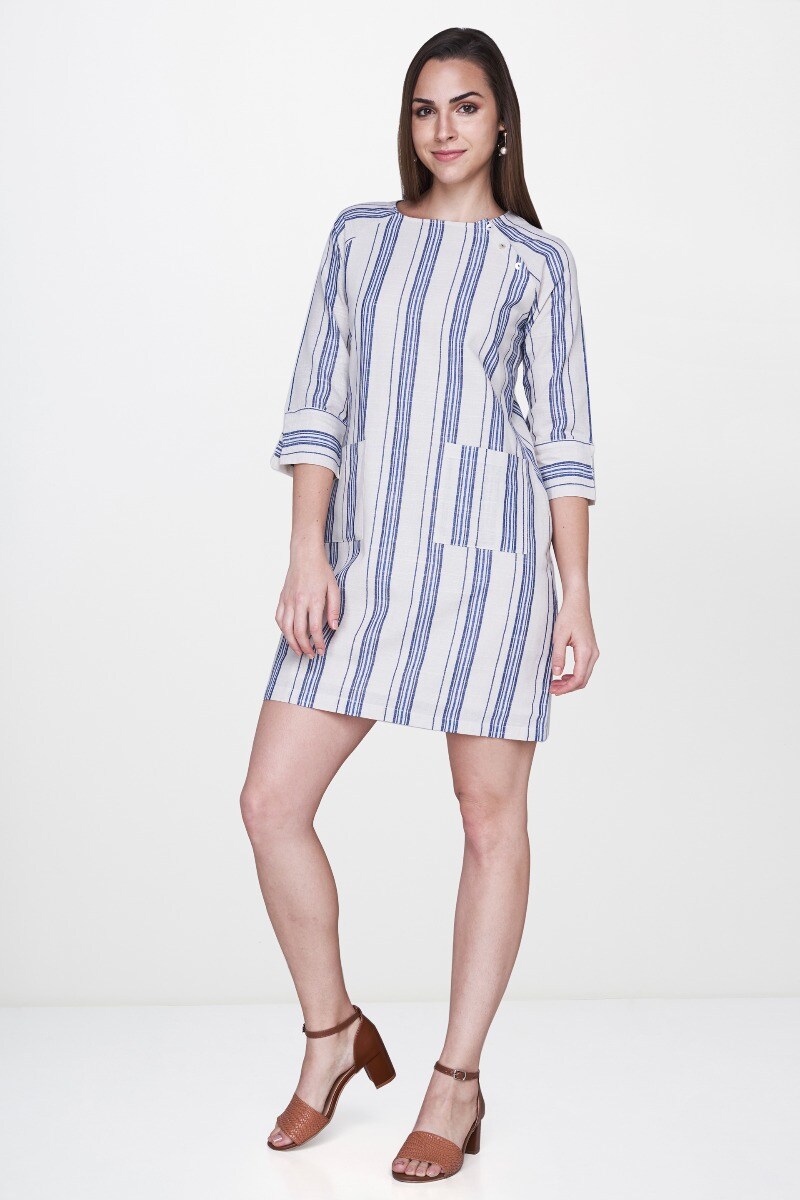 4 - White - Blue Stripes Round Neck A-Line Cuff Dress, image 4