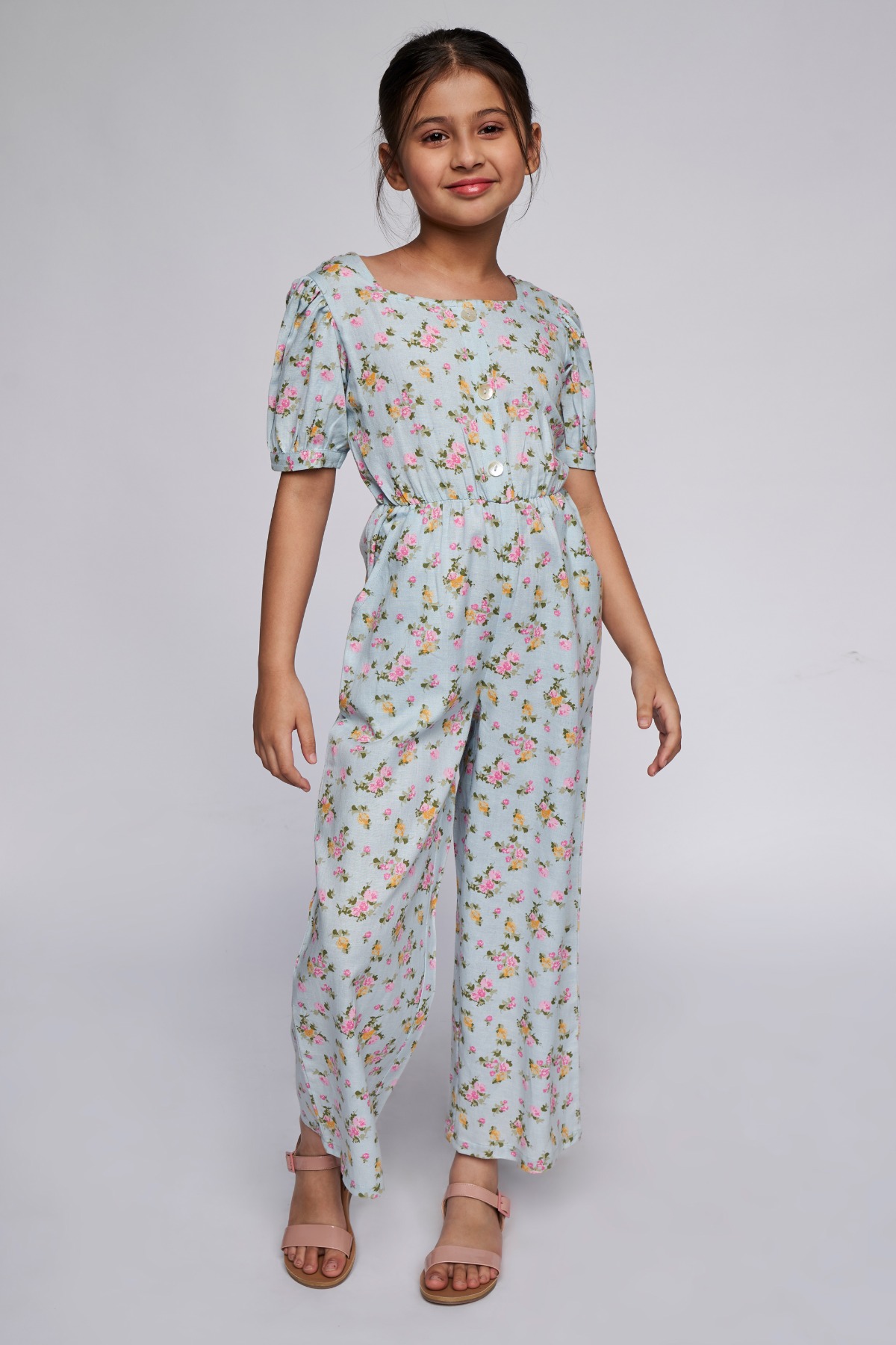 Sale Buy Girls Powder Blue Floral Straight Jumpsuit Online at AND