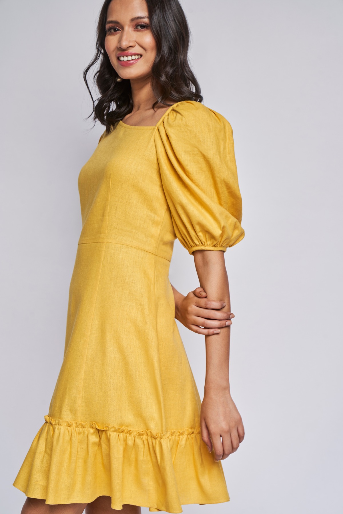 Buy Yellow Solid Flounce Dress Online at Best Price at ANDIndia EE22AB061DRRLV