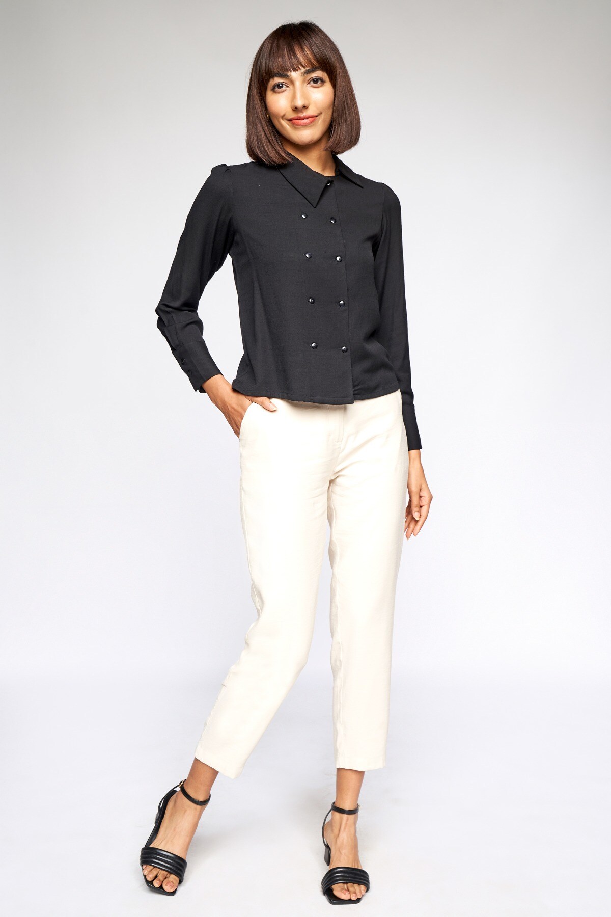 2 - Black Solid Shirt Style Top, image 2