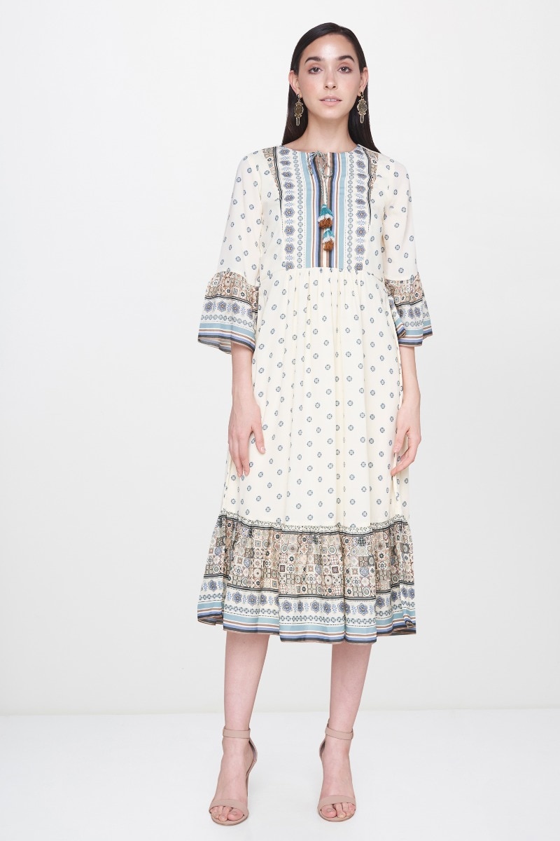 1 - Beige Bohemian Keyhole Neck Bell Sleeves Midi Dress, image 1