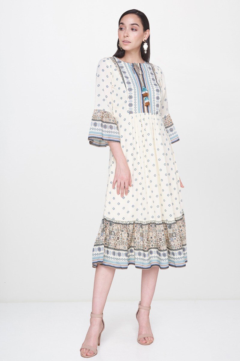 4 - Beige Bohemian Keyhole Neck Bell Sleeves Midi Dress, image 4