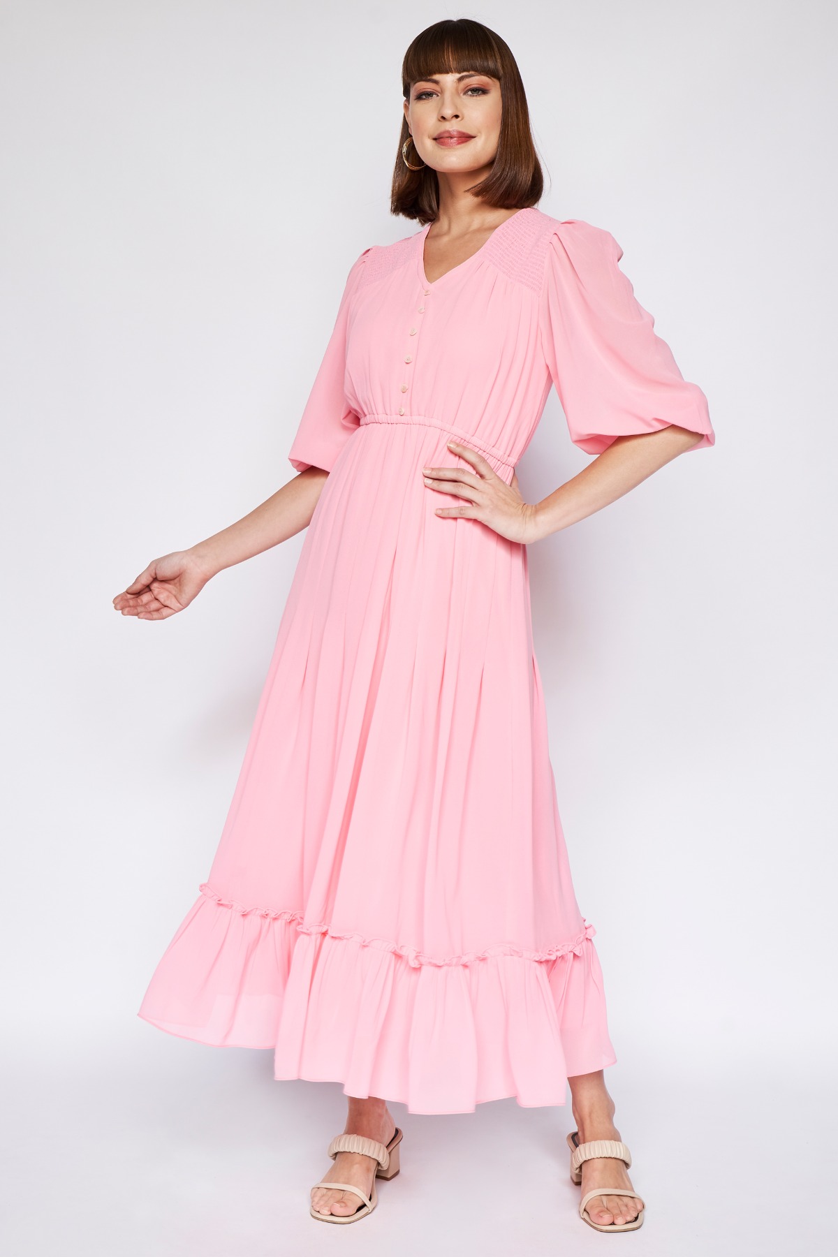 Flared Solid Straight Dress, Coral, image 1