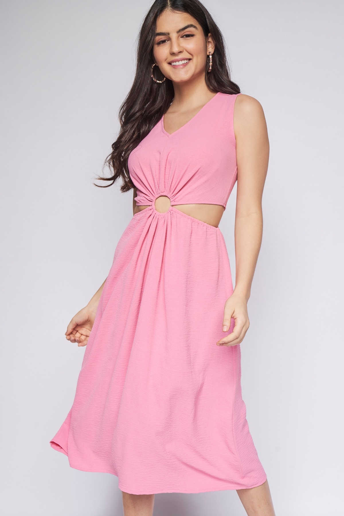 1 - Pink Solid Fit and Flare Dress, image 1