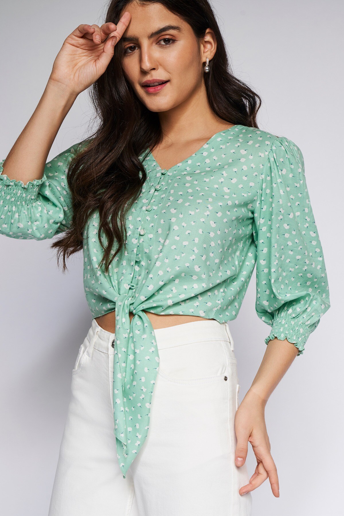 3 - Sage Green Floral Curved Top, image 3