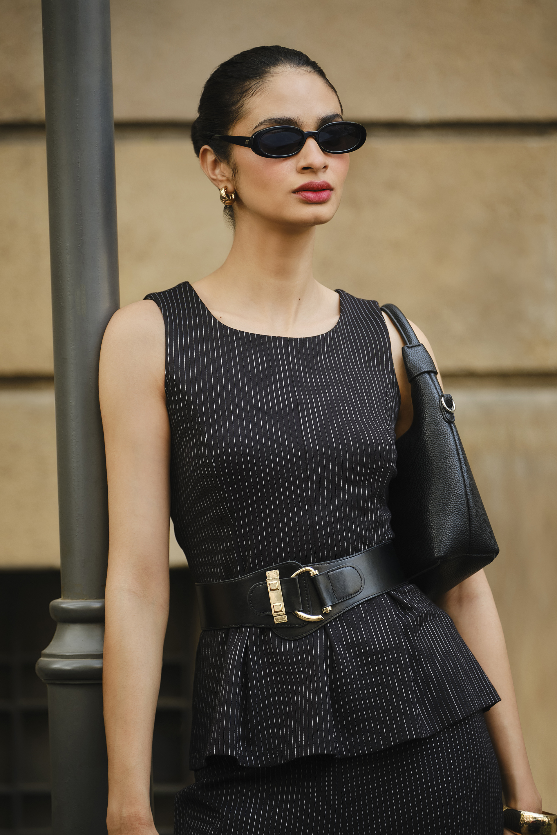 Black Pinstripe Peplum Top