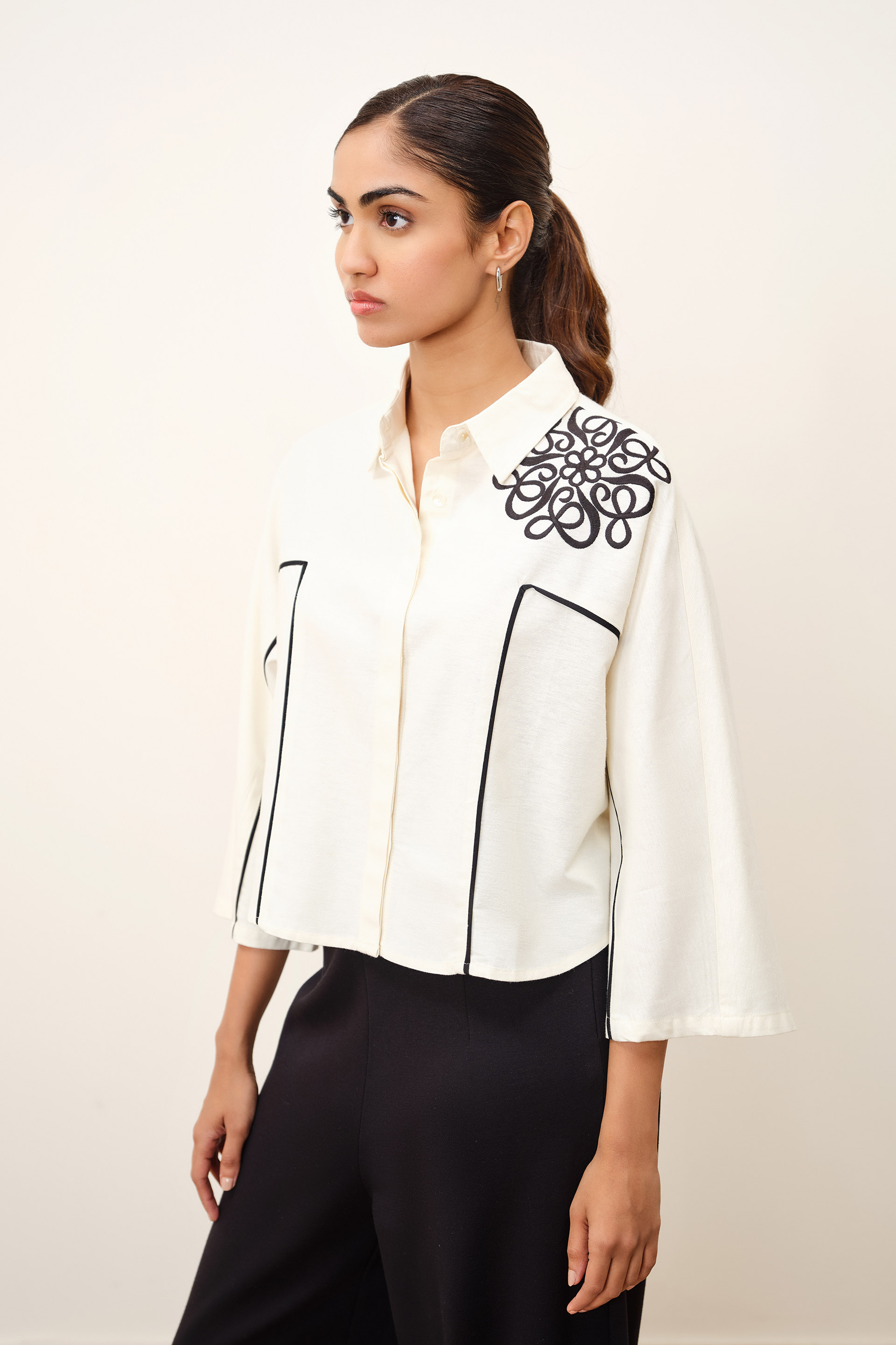 Mariette Embroidered White Shirt, Beige, image 2