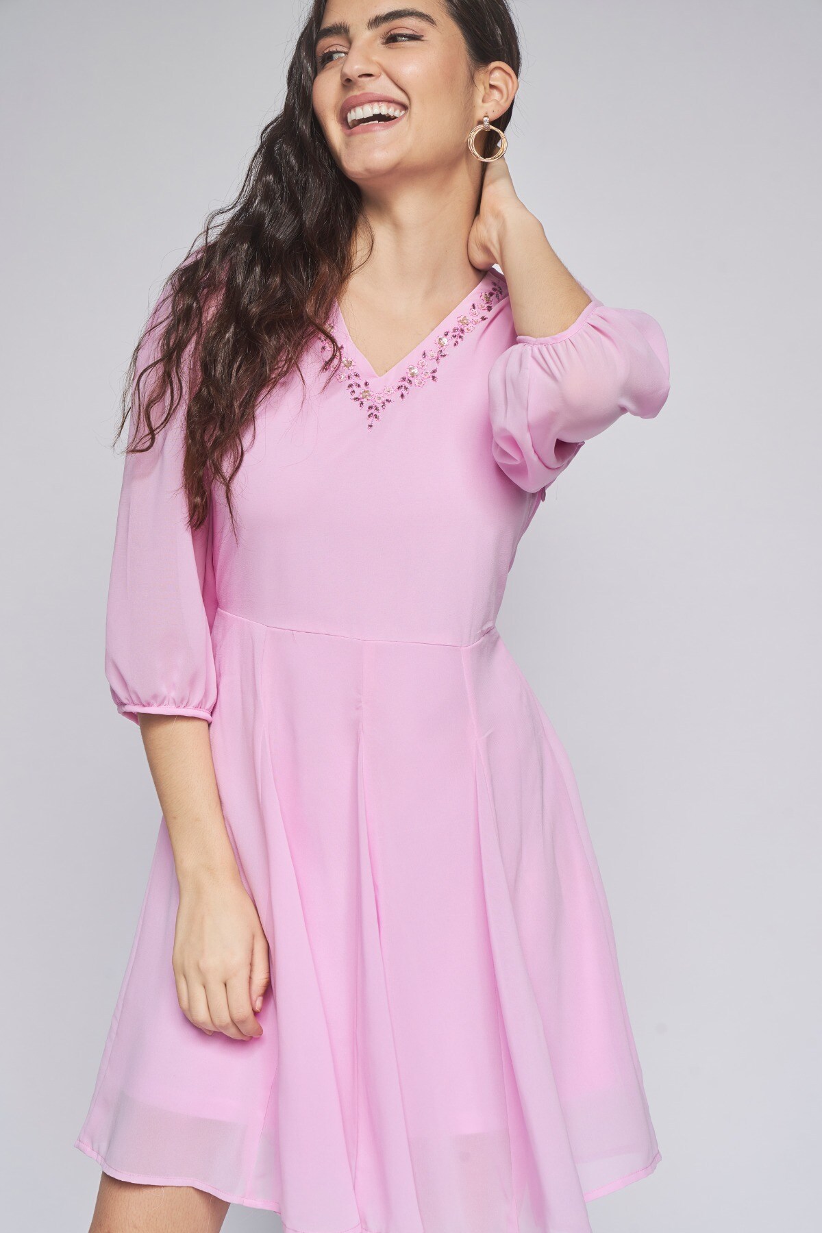 1 - Pink Solid Fit & Flare Dress, image 1