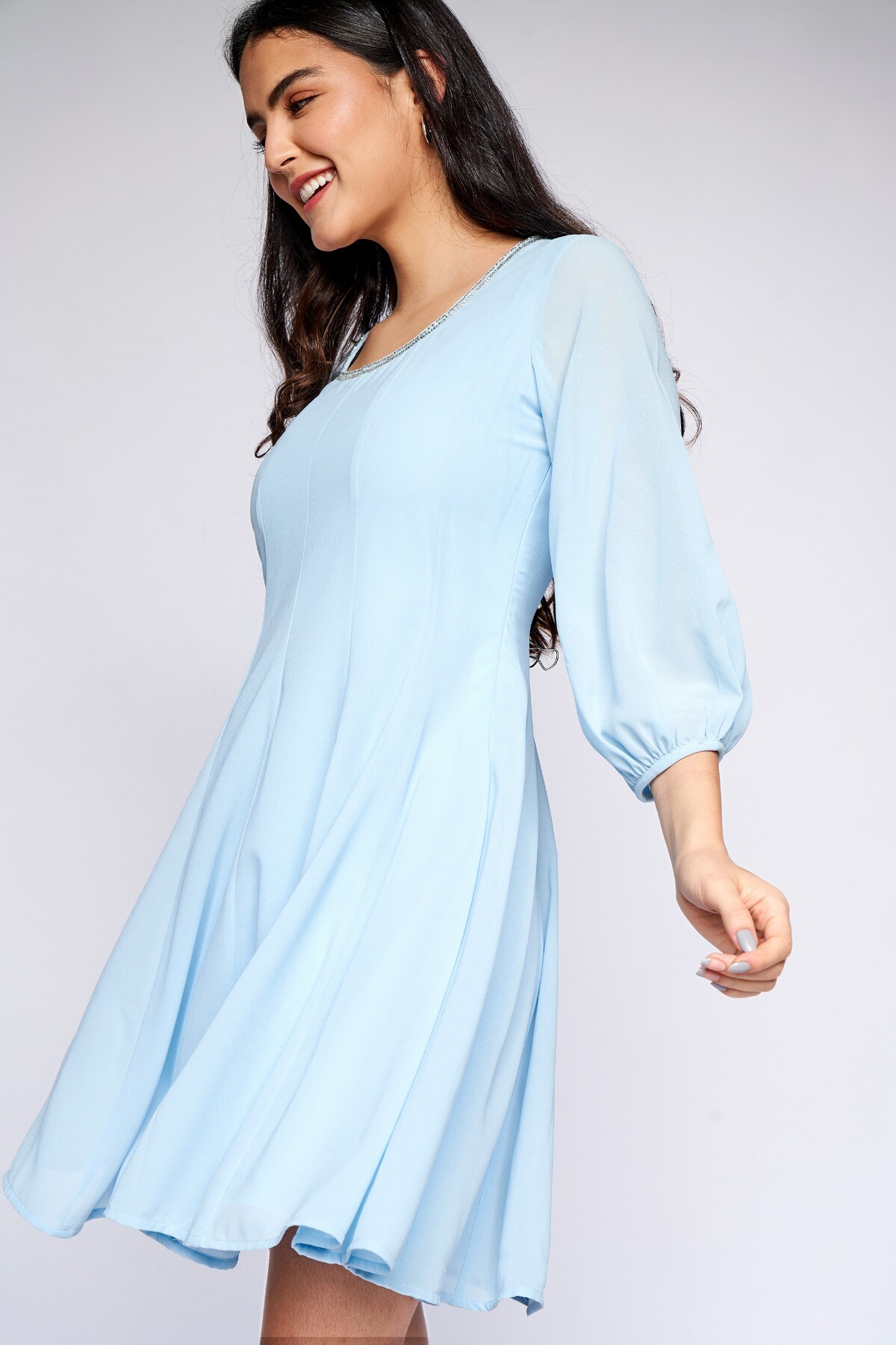 3 - Powder Blue Solid Fit and Flare Dress, image 3